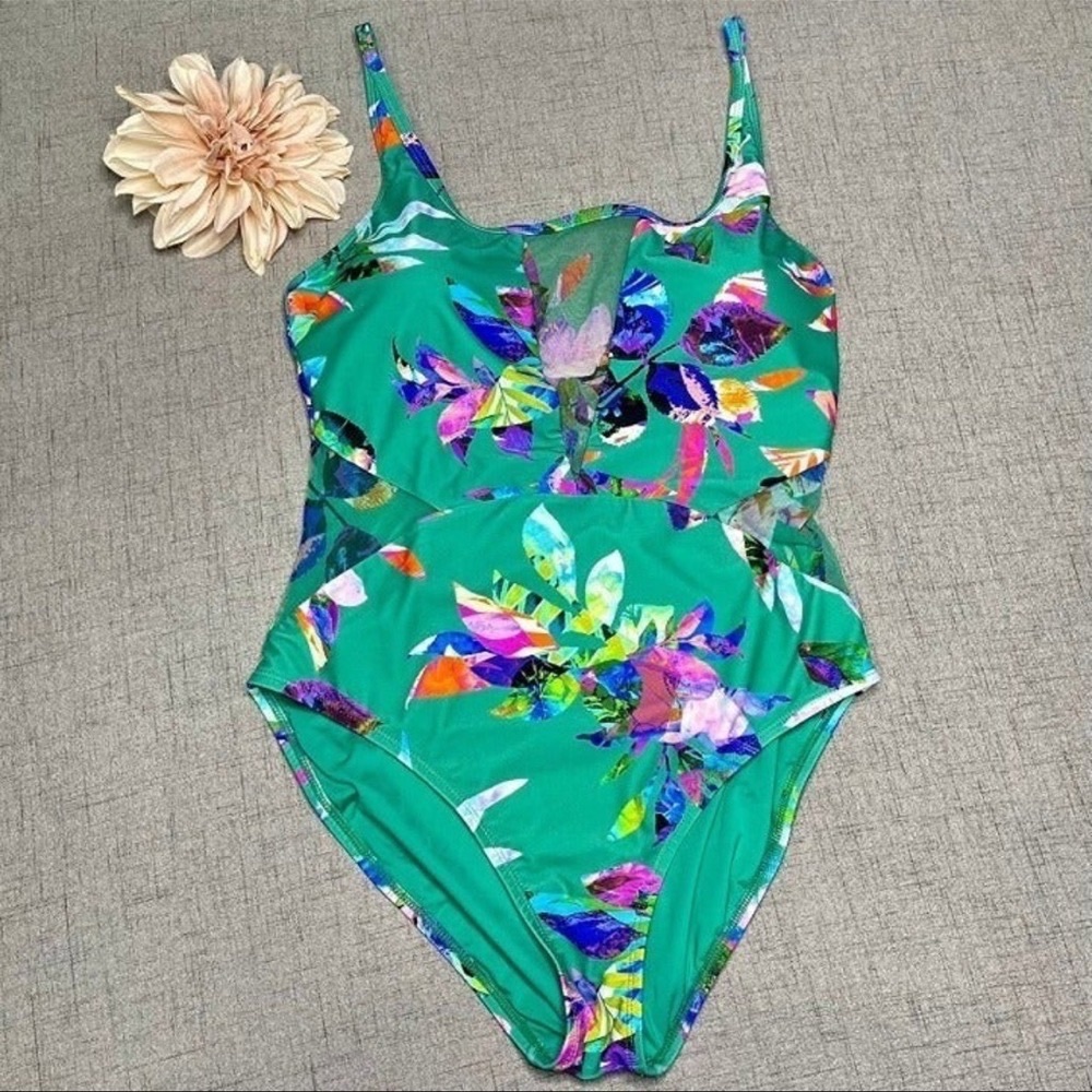 La Blanca Havana Tropics Mesh Plunge One Piece Swimsuit 12 Large Green - Picture 8 of 12